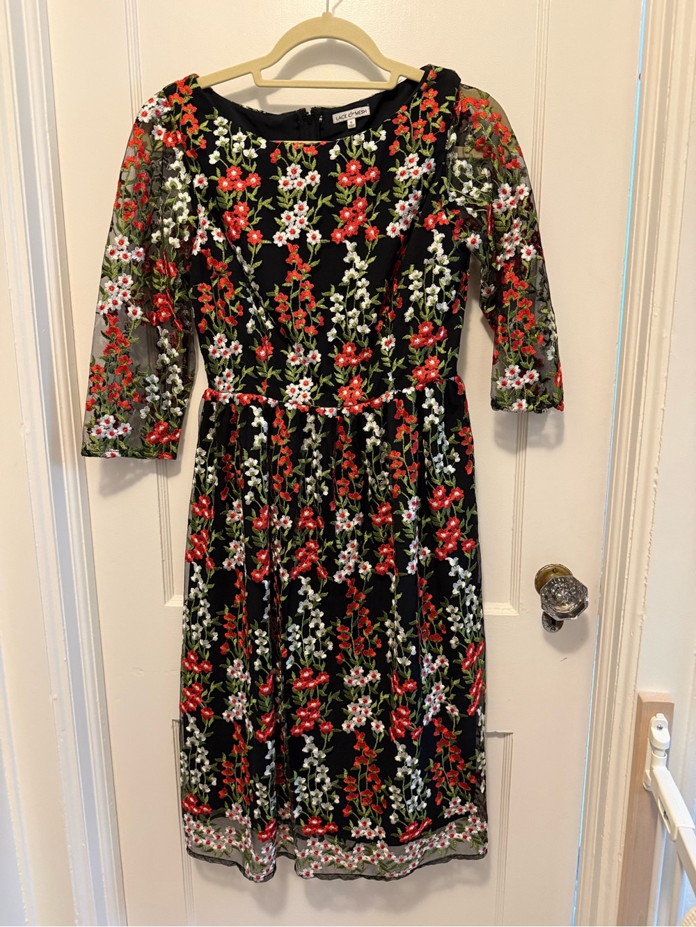 Floral Embroidered Mesh Midi Dress - Black with Red & White Flowers
